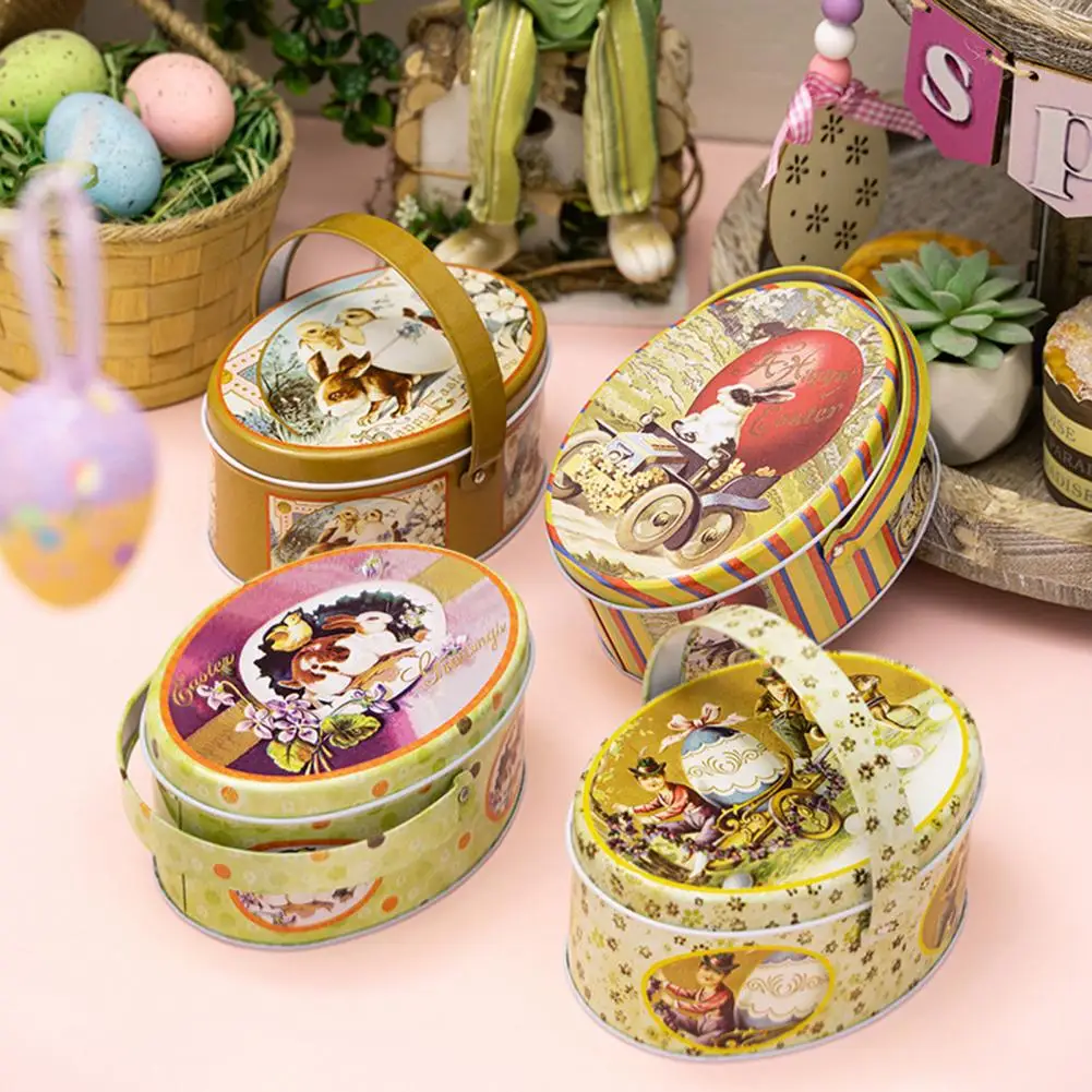 Happy Easter Treat Box with Handle Candy Box Cartoon Bunny Iron Art Biscuit Cookie Box Kids Gift Boxes easter decoration 2024