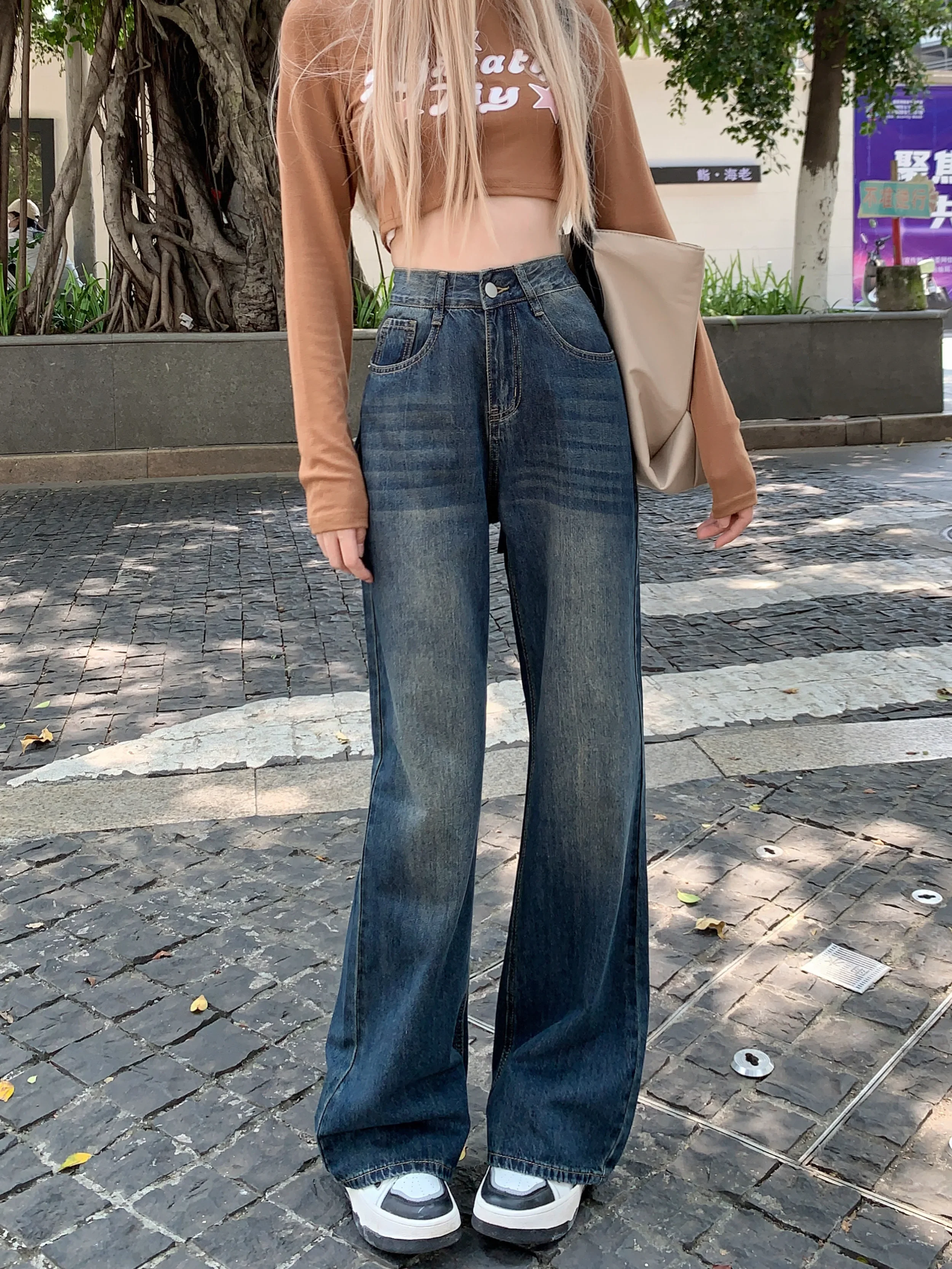 Spring New Retro Slim Blue Jeans Women Casual High Waist  Lady Street Zipper Pockets Wide Legs Denim Trousers Female Z322