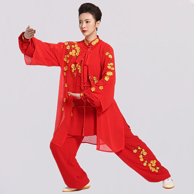 Women's Unisex Tai Chi Suit New Arrival 2024 Silk Linen Crimson Red Dream Black Embroidery Plum Blossom Performance Wear