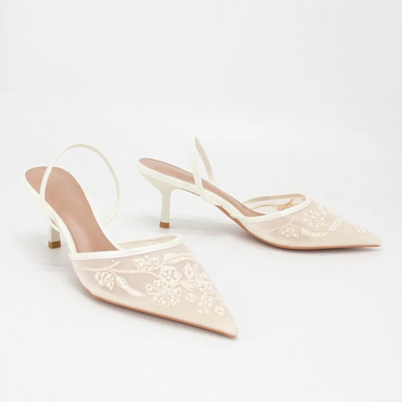 

3cm Women's Pumps and Heels Pointed Head Bag Head Embroidered Beaded Mesh Women's Sandals Comfort Women's Shoes Sandalias Mujer
