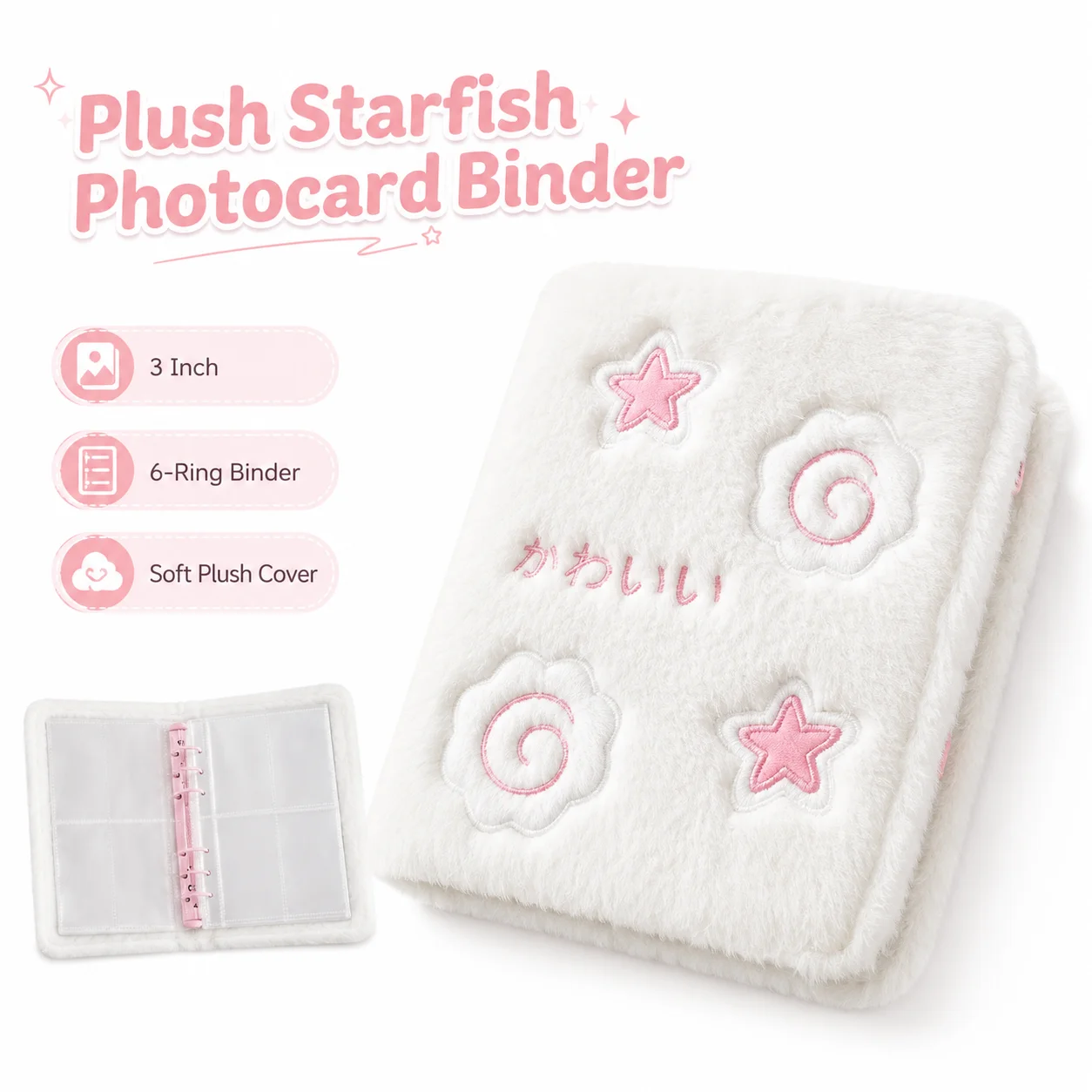 Plush Starfish Photo Card Binder, 3 Inch Fuzzy 6-Ring Photocard Album, Cute Idol Card Holder for Kpop Collection
