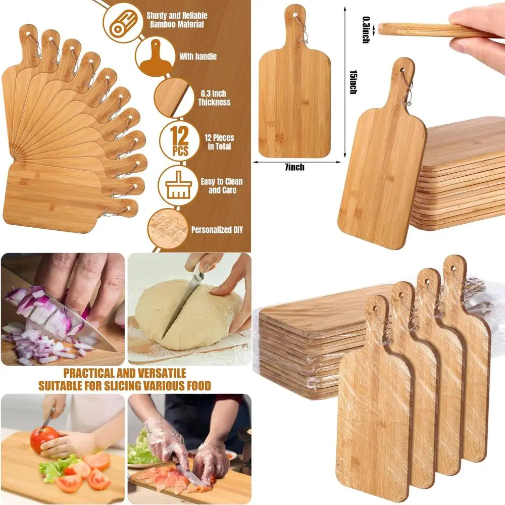 

Set of 12 Bamboo Cutting Boards with Handles, 15x7 Inches, Ideal for Kitchen Prep and Serving