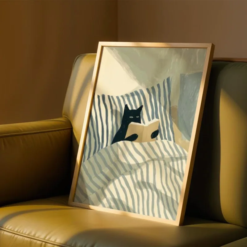 Décoration murale sur le thème du chat, murale chat noir, affiche pour chambre douillette avec image de chat sur le lit, décoration de lecture, art littéraire sur le thème du chat