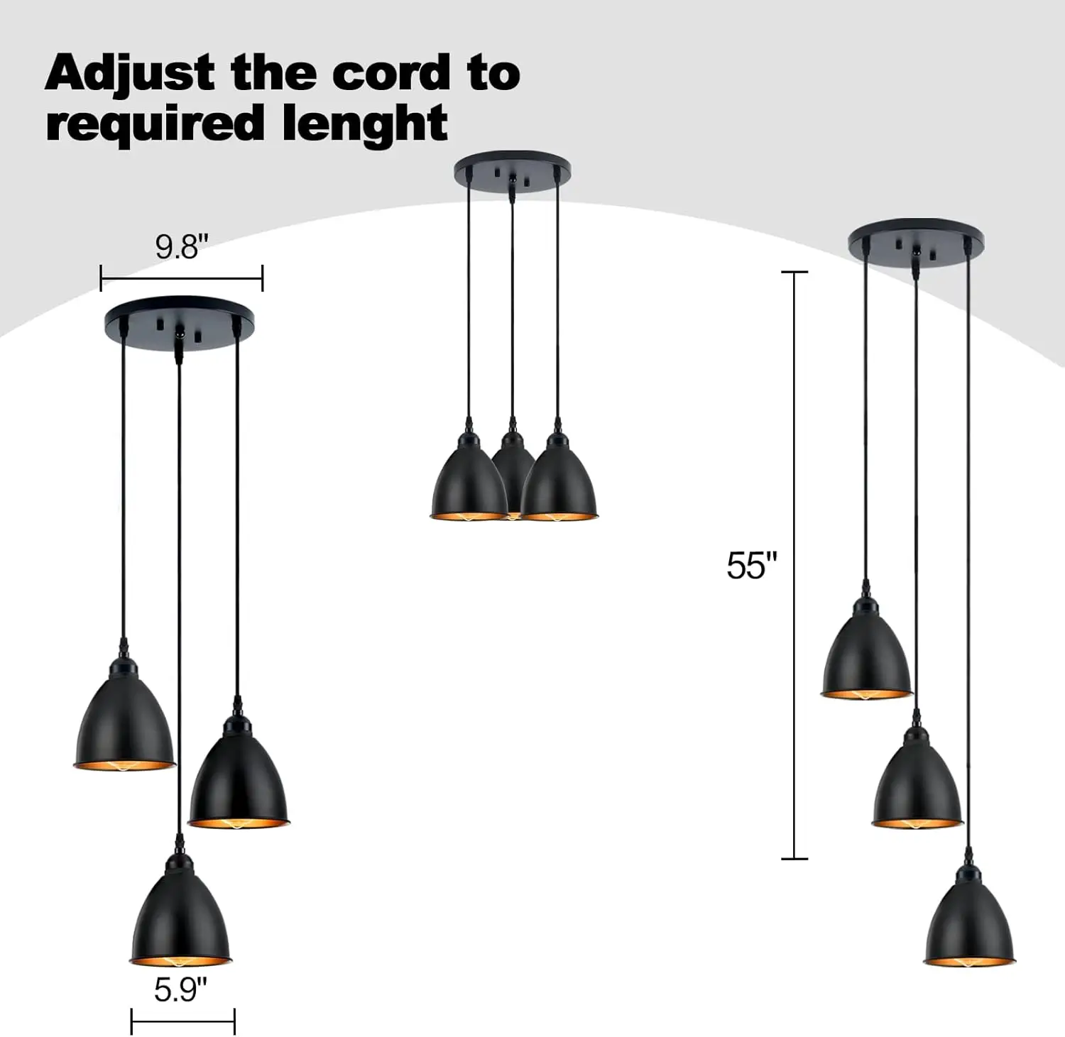 Terleenart 3-Light Cluster Pendant Lighting With Metal Bell Shade Exterior Matte Black And Interior Golden,Industrial Farmhouse