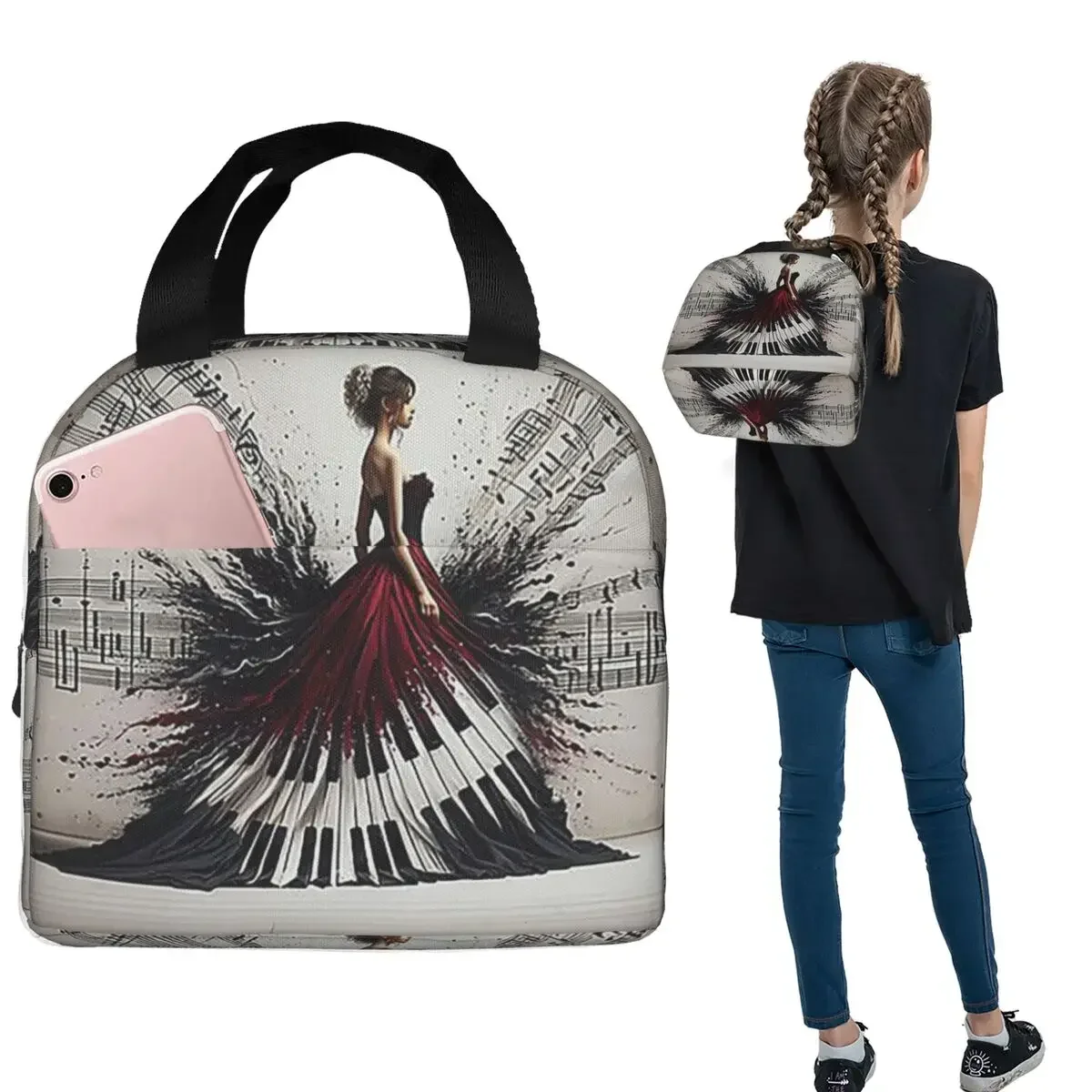 Beautiful Lady Piano Musical Notes, Wavy Dress Insulated Lunch Bag for Women Children Portable Food Boxes Thermal Lunch Box Tote