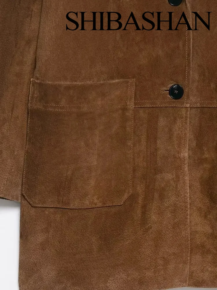 

HH Elegant Women Lapel Long Sleeve Single-breasted Pockets Decorate Loose Coat 2025 Autumn Woman Vintage Street Style Jacket