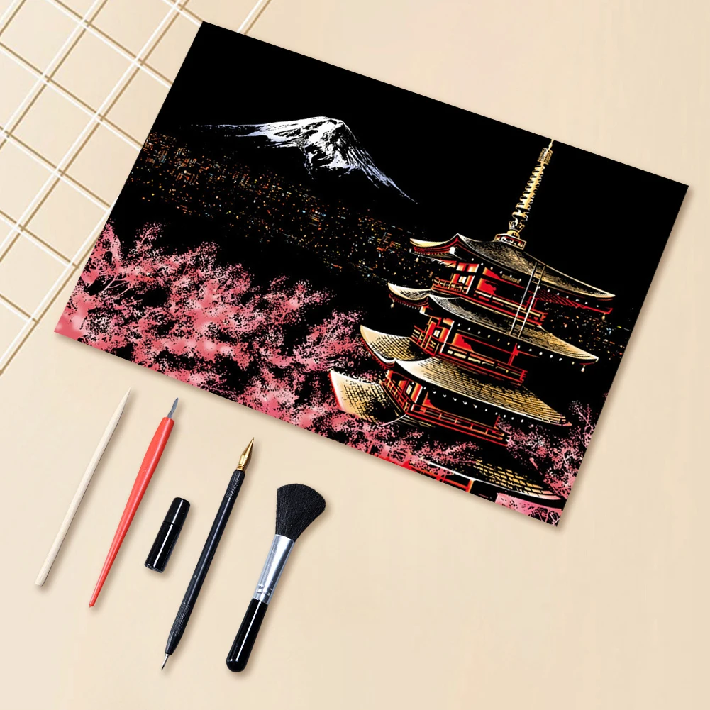 Scratch Painting Paper ,City Series Night Scene,Scratch Painting Creative Gift,Scratch board for Adult and Kids,with 4 Tools