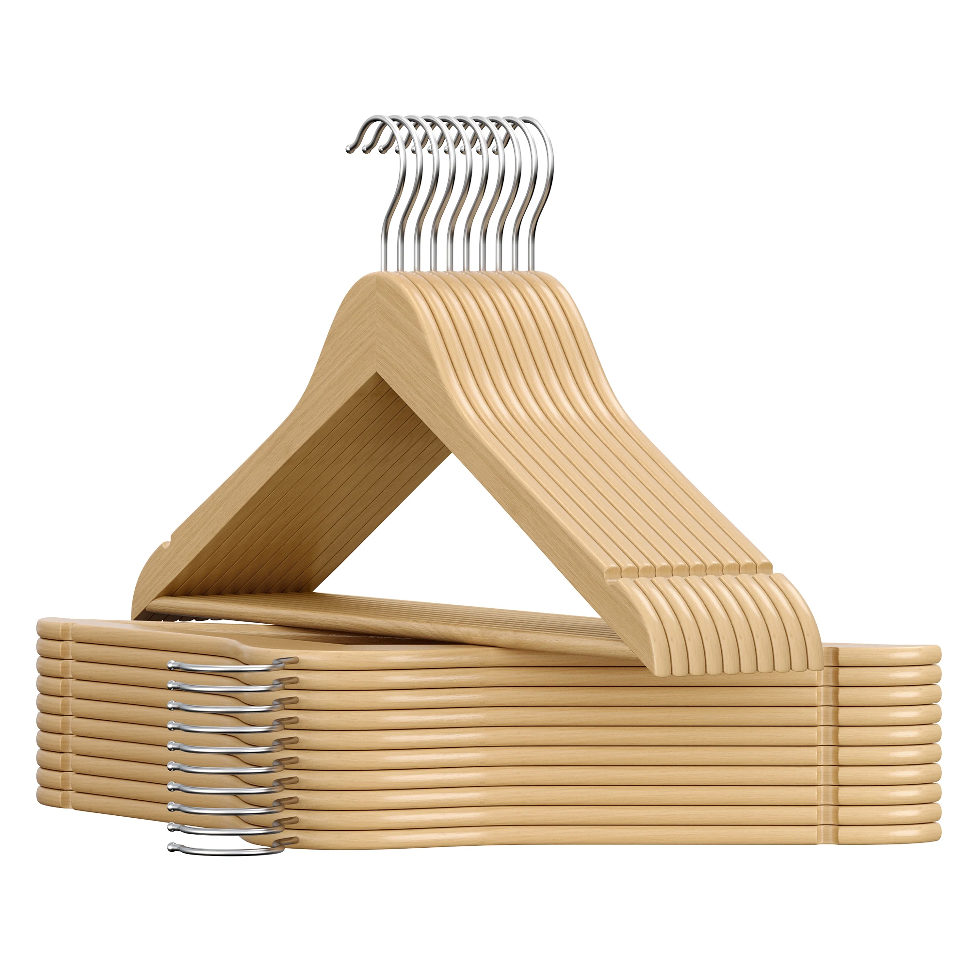 Wooden Hangers, Pack of 20, Slim, Birch Wood, for Strapless Tops, Jackets, Natural