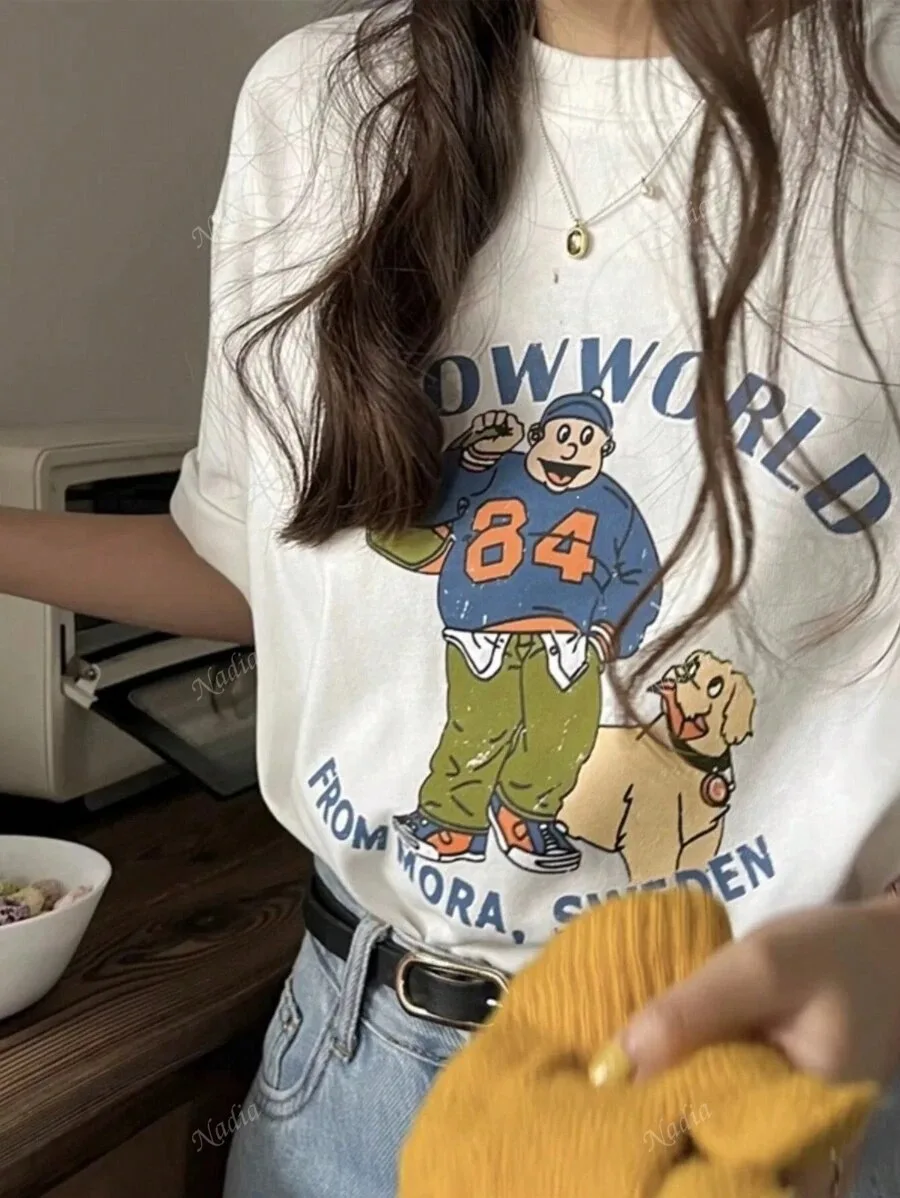 

Plus - Size Cartoon & Nordic - themed “NOWWORLD” Tee, White Short - Sleeve