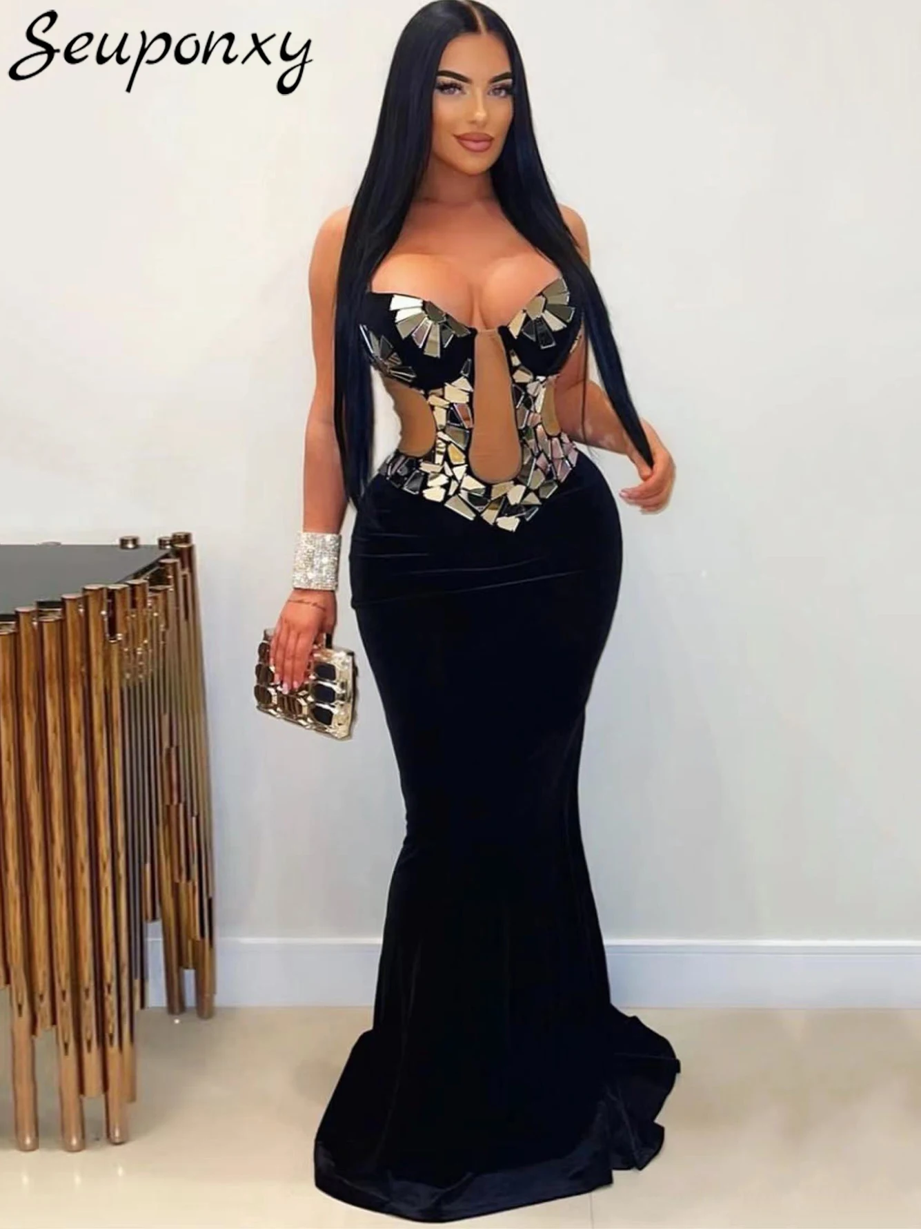 

High Quality Women'S Sexy Spaghetti Strap Mesh Patchwork Luxurious Crystal Bandage Maxi Dress Elegant Club Party Dress Vestidos