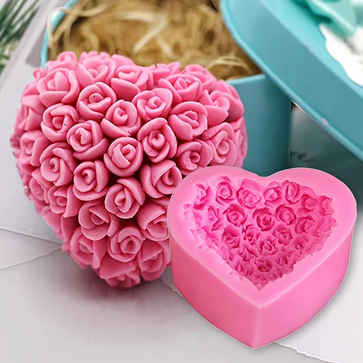 Molde de silicona para velas con forma de corazón y rosa, perfecto para decoraciones del Día de San Valentín, piedra y día de San Valentín