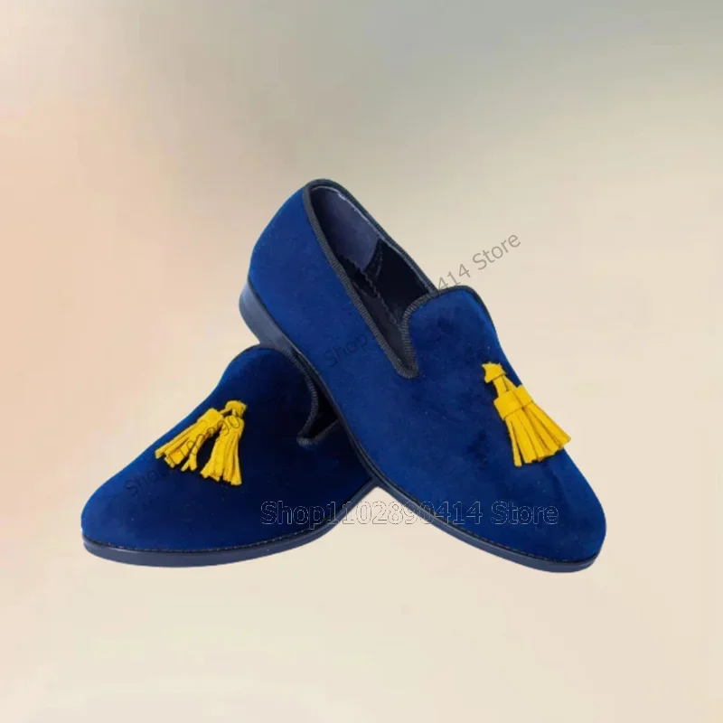 

Yellow Tassels Decor Blue Flock Men Loafers Fashion Slip On Men Shoes Luxurious Handmade Party Feast Banquet Men Casual Shoes