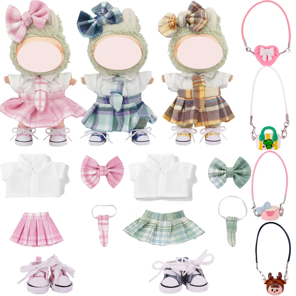 

4 шт./компл. для куклы Labubu, одежда с бантом, повязка на голову + рубашка + юбка + галстук, милый комплект платья для 17 см, плюшевые аксессуары для кукол, праздничные подарки для девочек