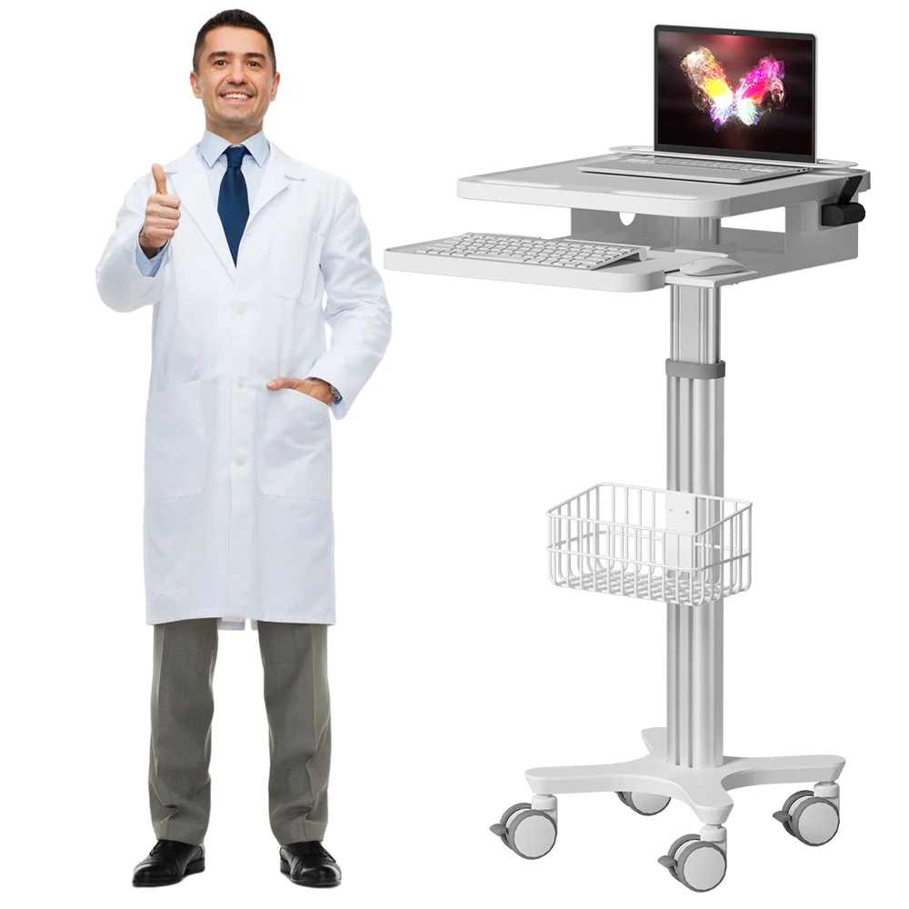Distributor Price Mobile Medical Laptop Trolley with Wire Basket  &Adjustable Pneumatic Type for Hospital or Clinic Use