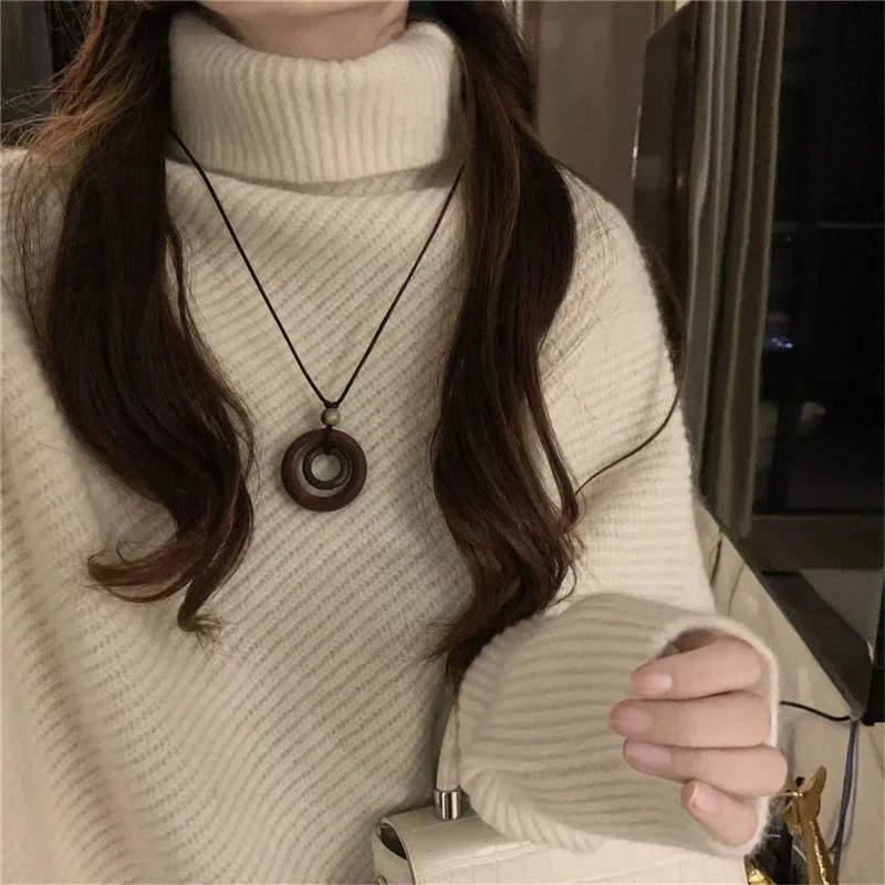 2022 Autumn Winter Korean Fashion Irregular Turtleneck Solid Oversized Knitted Sweaters Women Solid Long Sleeve Pullovers Jumper