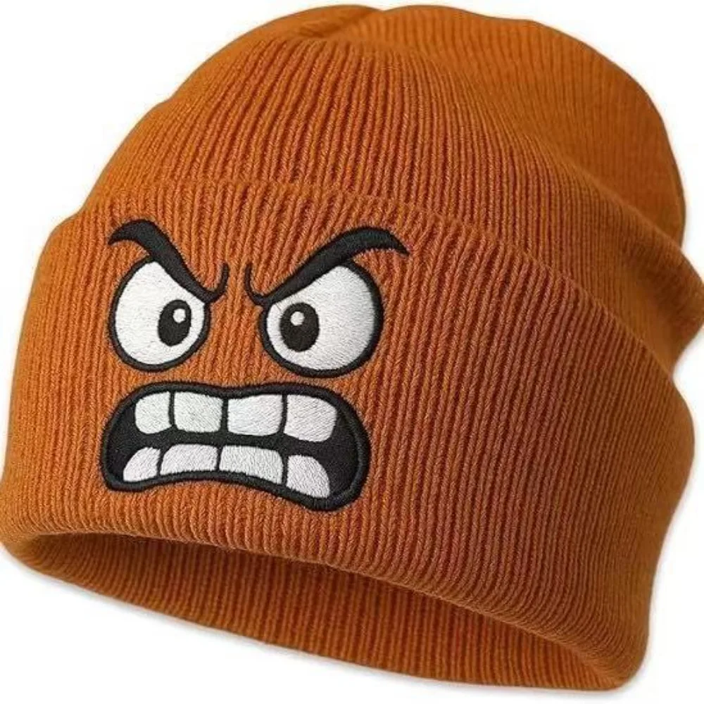 New Warm Knit Hat Angry Expression Embroidered Winter Warm Hat Leisure Beanie Hat for Men Women