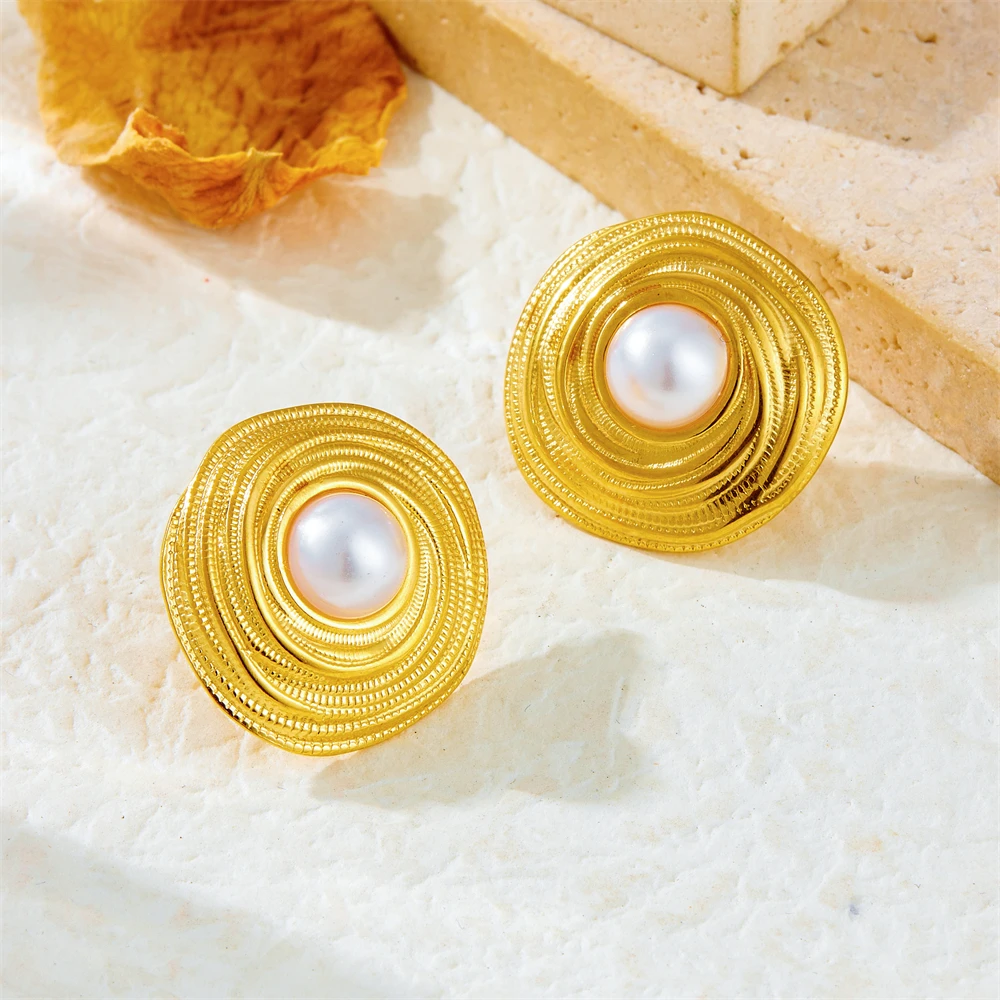 DIEYURO 316L Stainless Steel Golden Fashion Coil Weaving Inlaid With Pearl Earring For Womens New Trend Fashion Ear Jewelry Gift