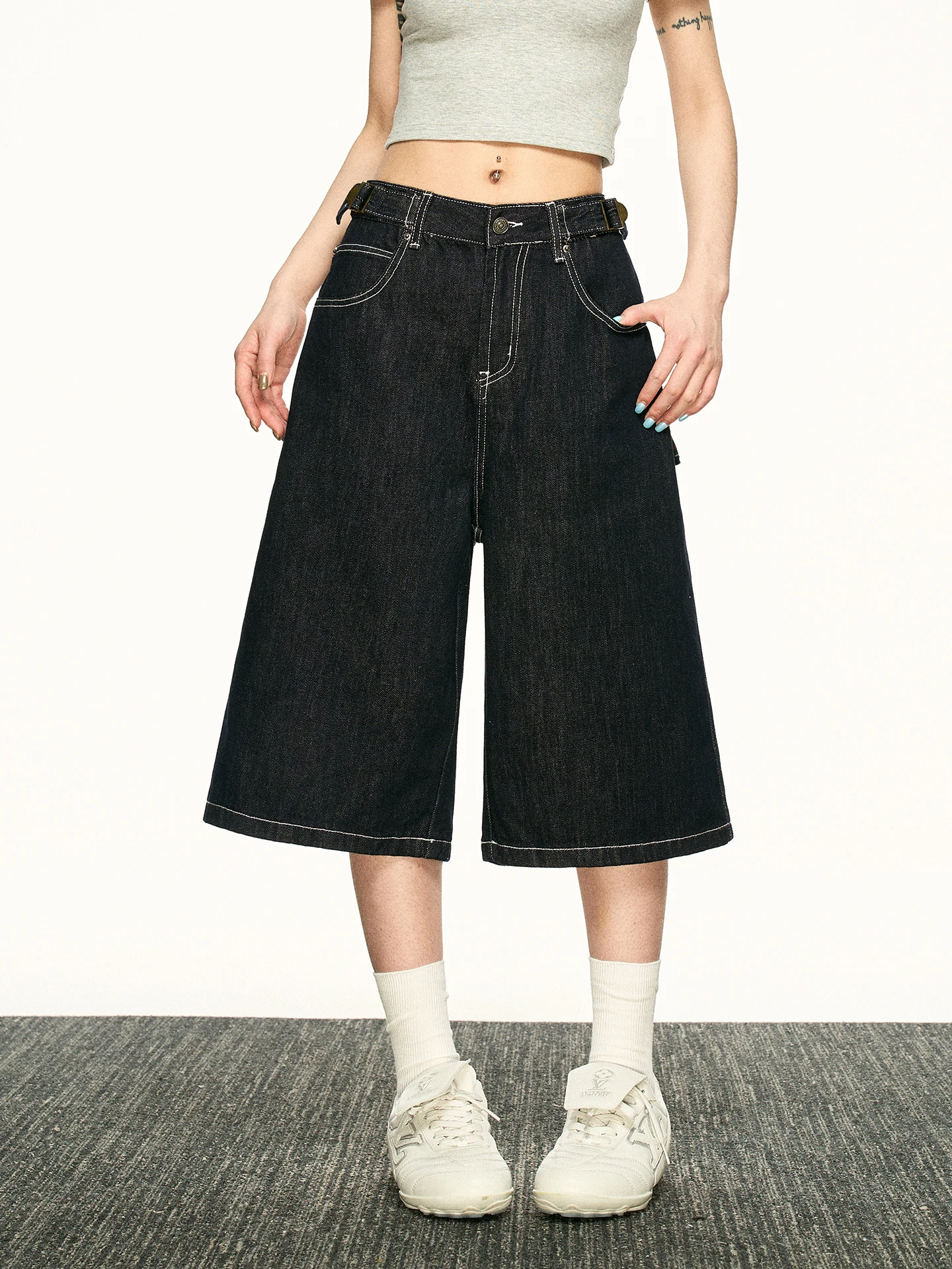 Aaisup Adjustable Buckle Wide Leg Seven-Foot Jeans Women Summer New Loose Versatile Anti-Aging Slimming Mid-Pants