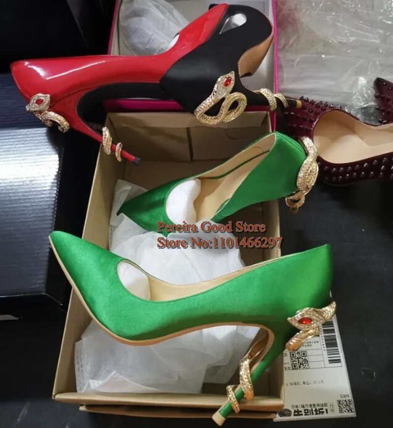 

Pointed Toe Metal Snake Heels Womens Shoes 12CM 10CM 8CM Stiletto High Heels Shallow Satin Pumps Green Pink Blue Red