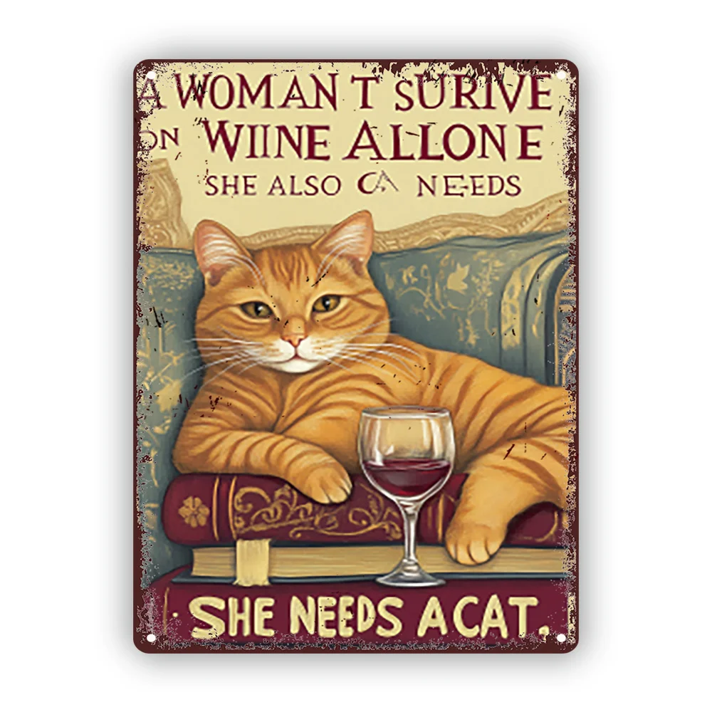 Encantador letrero de metal vintage: compañeros acogedores: vino, libros y gato | Decoración rústica de arte de pared para pub de cocina es, decoración, perfecta para habitación