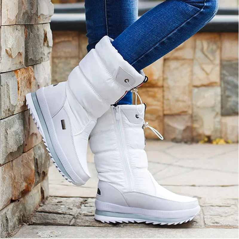 White Women Boots Winter Shoes Warm Plush Mid-calf Boots Waterproof Rubber Non-slip Platform Snow Boots Female Plus Size 42