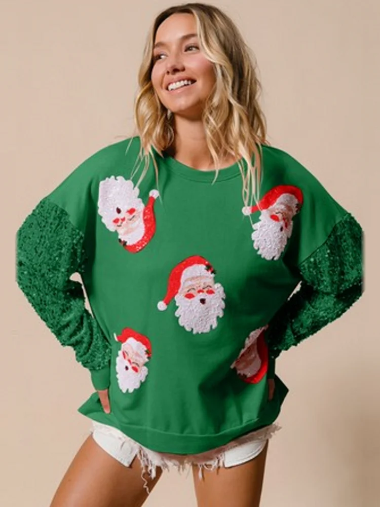 Glitter Patchwork Hoodies Vintage Tshirt Harajuku Slim Long Sleeve Streetwear Women Clothes Christmas Tee Top Autumn Winter