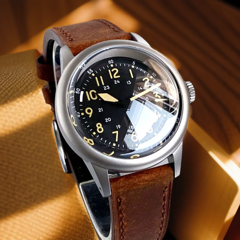 36mm Vintage Watch Luminous Marks Movement black dial Automatic Mechanical Wristwatch Sapphire Bubble Dome glass Leather Band