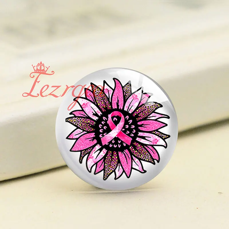 Pink Ribbon Breast Cancer Awareness Hope Round Photo Glass Cabochon Demo Flat Back For DIY Jewelry Making Supplies Snap Button