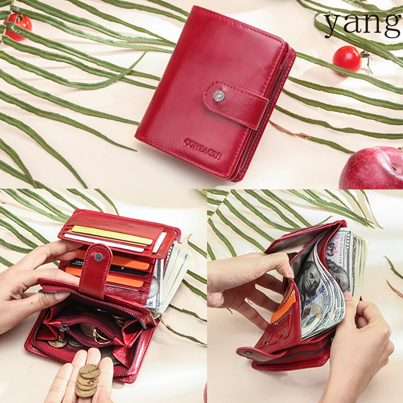 Genuine Leather Wallets Women Men Wallet Short Small RFID Blocking Card Holder Wallets Ladies Red Coin Purse