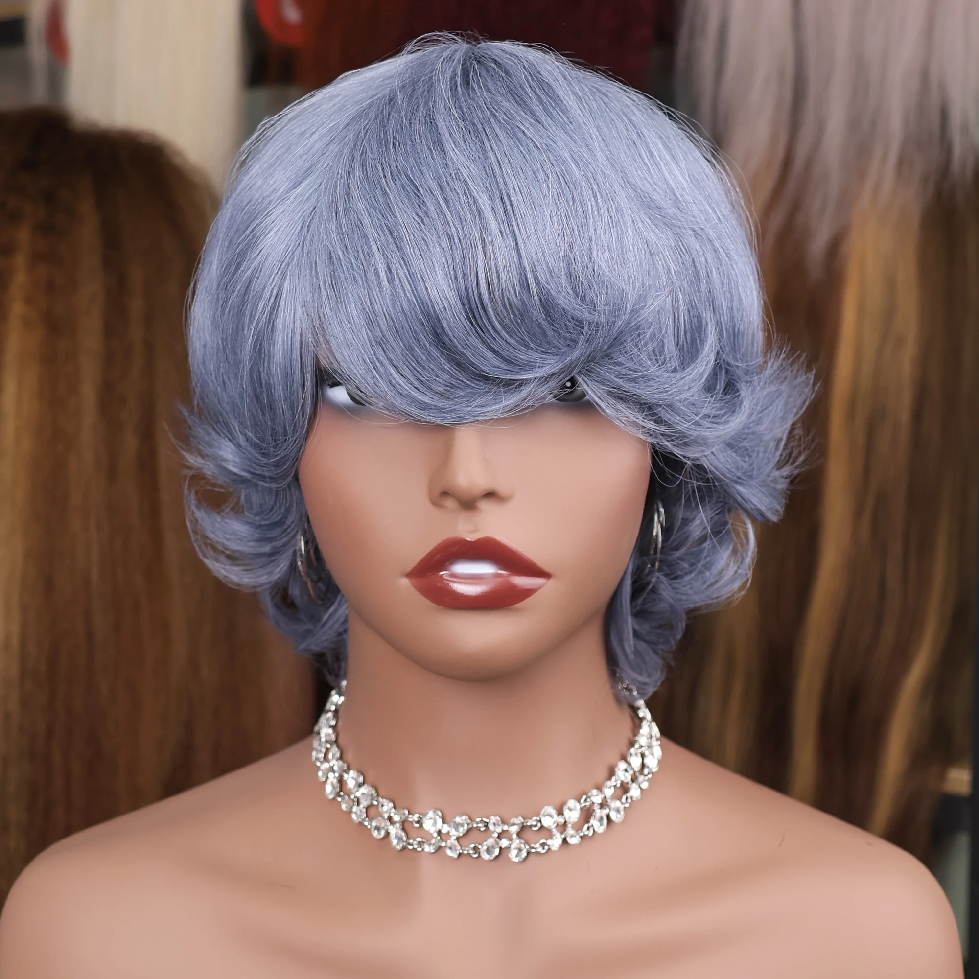 

250 Density Dark Gray Natural Wave Full Manchine Made Wig 6 Inch Light gray Wavy Short Bob Human Hair Wigs Brazilian Hair Wigs