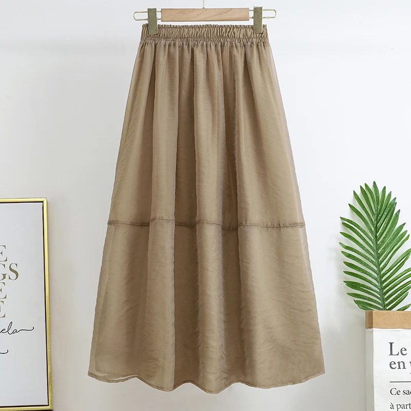 Spring Summer Chiffon Voile Skirt Women's Fashion Stitching A-Line Elastic High Waist Midi Umbrella Skirts Casual Long Skirt