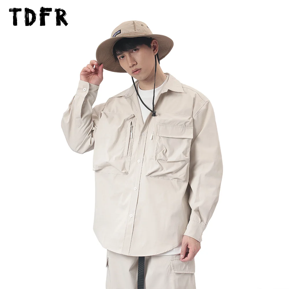 Pocket Cargo Shirts Mens Casual Solid Color Safari Style Curved Hem Loose Lapel Single Breasted Long Sleeve Shirts Men