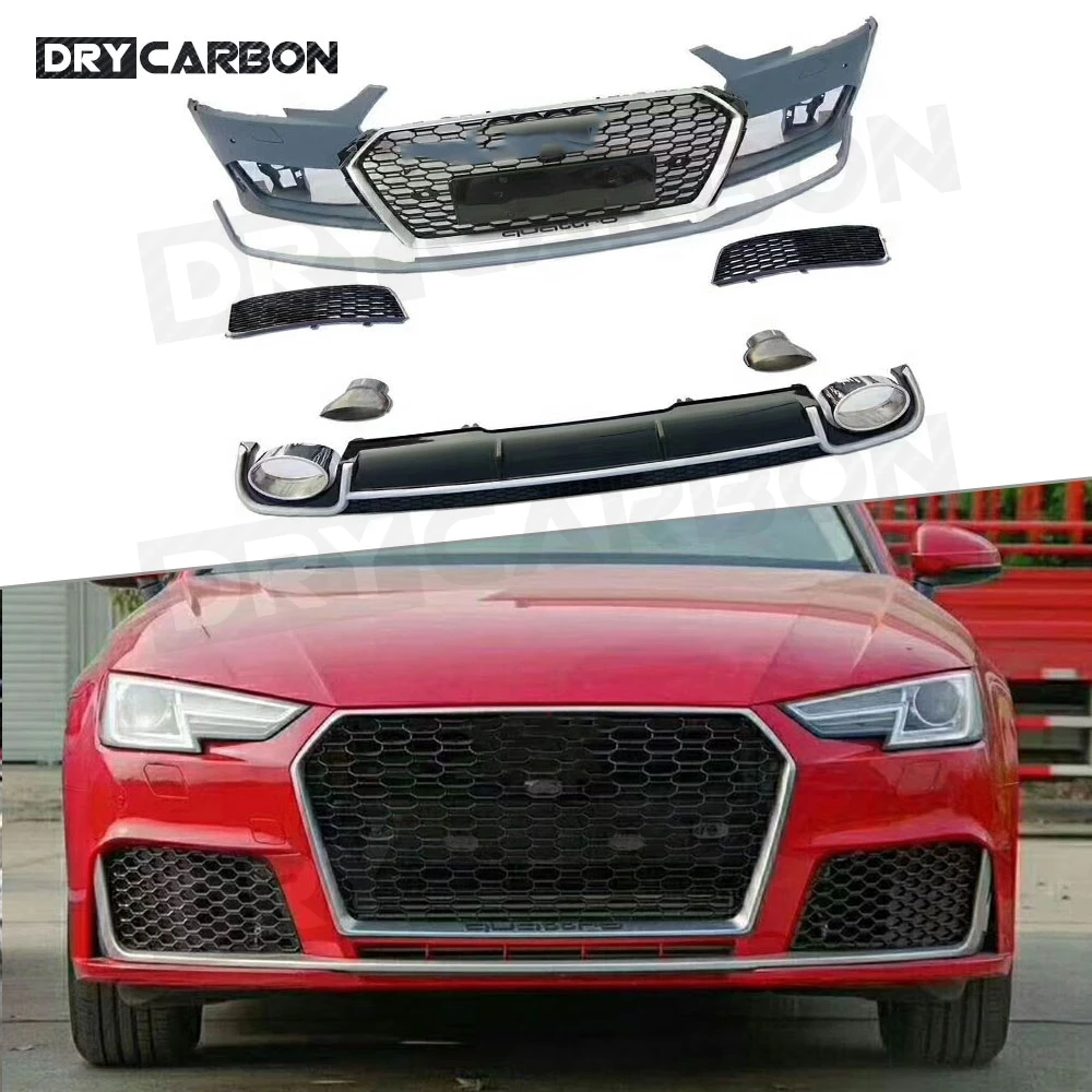 

PP Body Kit Car Front Bumper Spoiler Racing Grills Rear Diffuser Guard Exhaust Tips for Audi A4 RS4 2016 2017 2018 Accessories