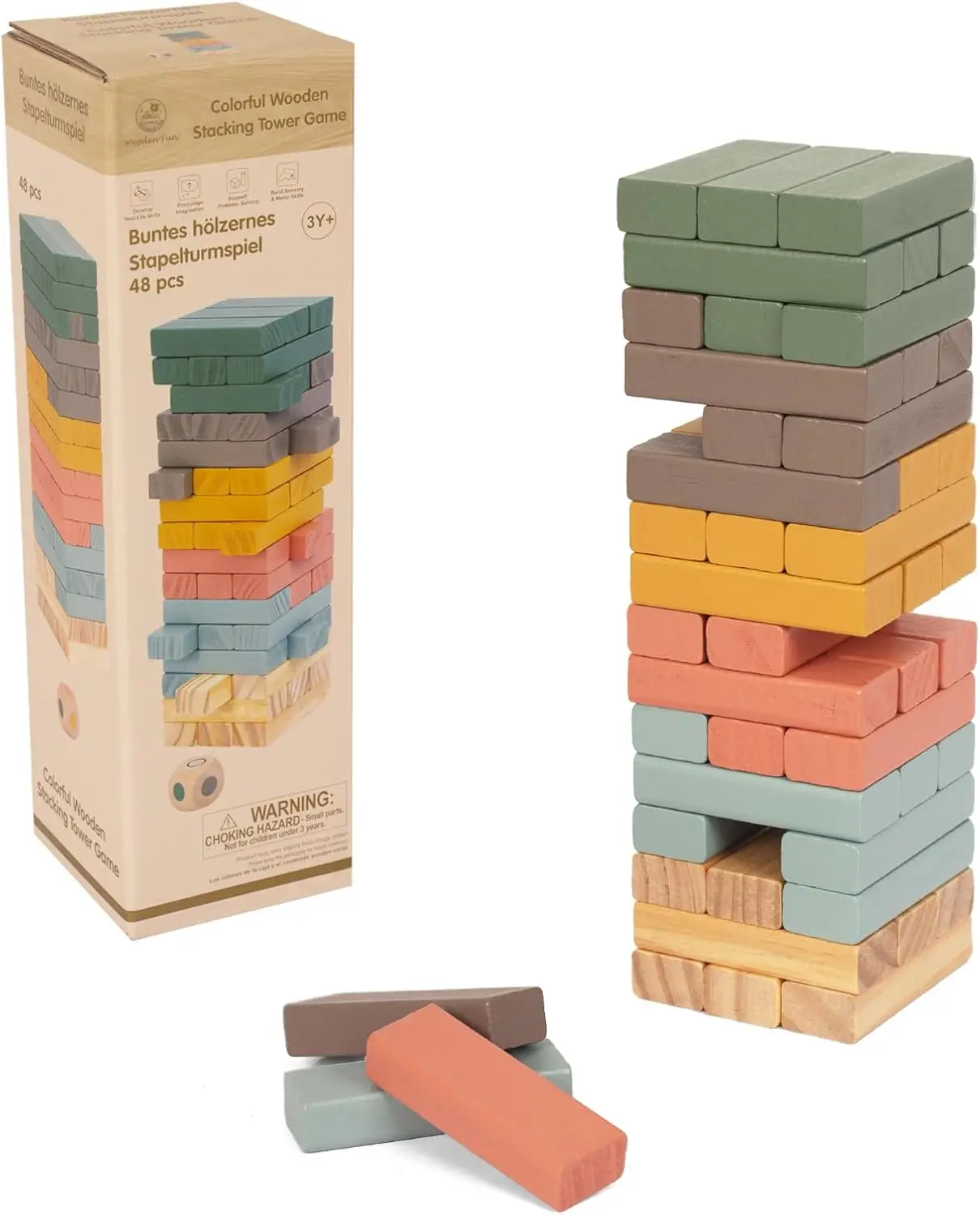 

Wooden Blocks Stacking Games, 48PCS Tumbling Stacking Blocks Game for Kids and Families, Wood Colorful Balancing Blocks Montesso