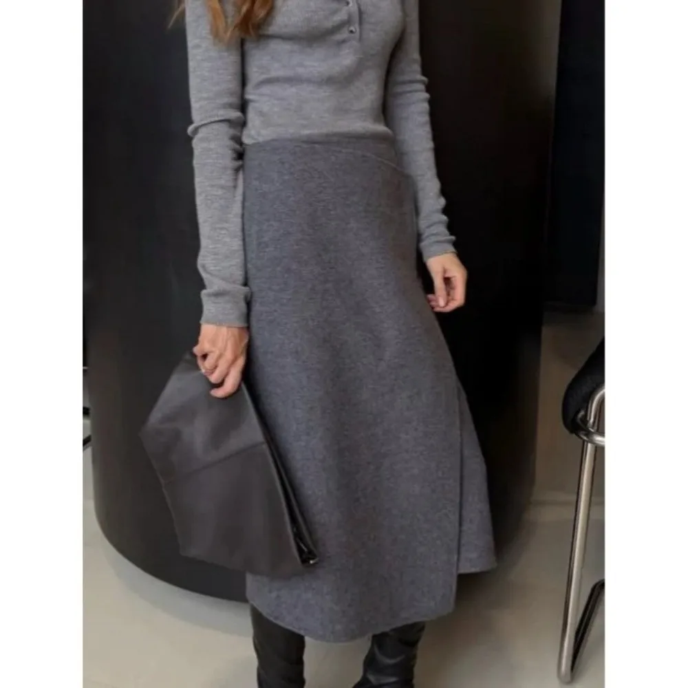 Stylish Grey Wrap Skirt High Waist Loose Fit Midi Skirt Mid Length Casual Skirt Street Wear