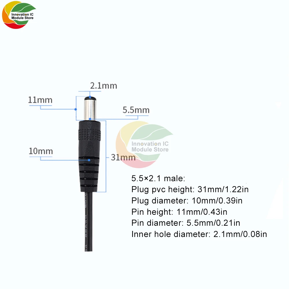 DC5.5*2.1mm Male to Male Power Cable - Copper Conductor, PVC Jacket, 0.25M/0.5M/1M/2M Length Options
