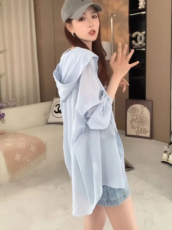 Blaue Kapuze Long Sve irt Damen Sommer Dünn Lose Lazy Sle Sonnenschutz Top Casual Faion Basic Fit Baumwolle irt