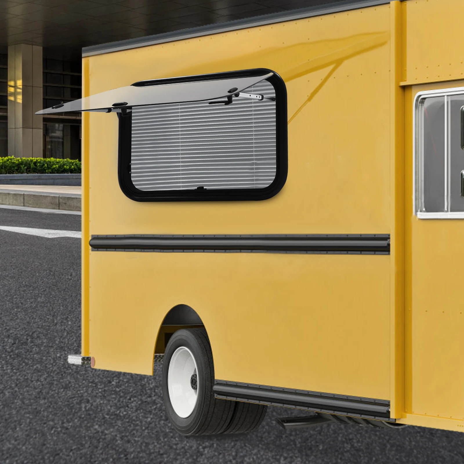 Jendela Dorong Sudut Membulat RV 75x50cm dari Aluminium Alloy dengan Kaca Tempered dan Layar, Bukaan 65 Derajat untuk Camper Van