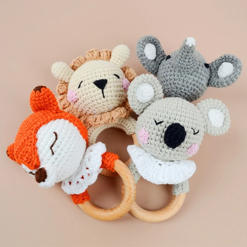 BPA Free Crochet Knitted Wool Cartoon Baby Teether Wooden Ring Newborn Teething Rattle Toy Baby Rodents Molar Soother Teether