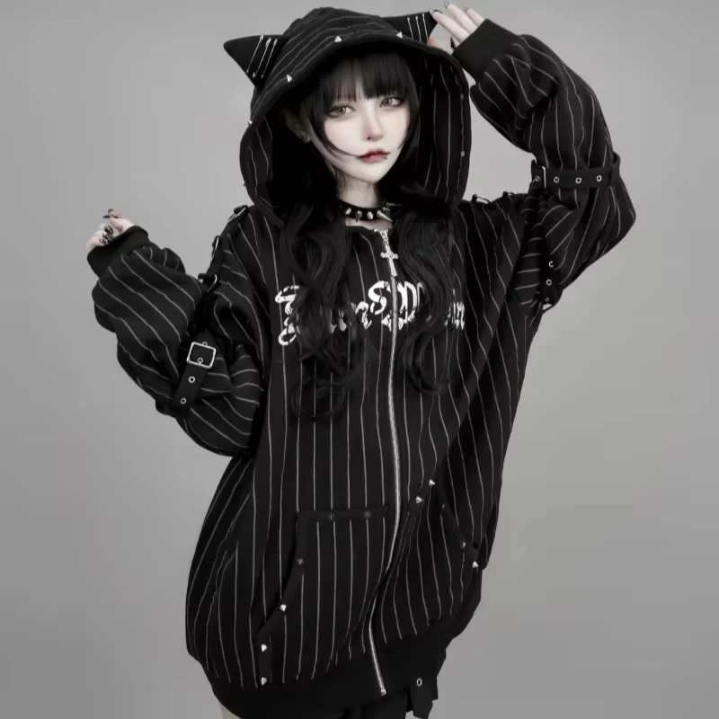 HG Cat Ear Zip Up Hoodie Japanese Subculture Women Devil Pinstripe Heart Print Oversized Metal Buckle Punk Streetwear Outfit