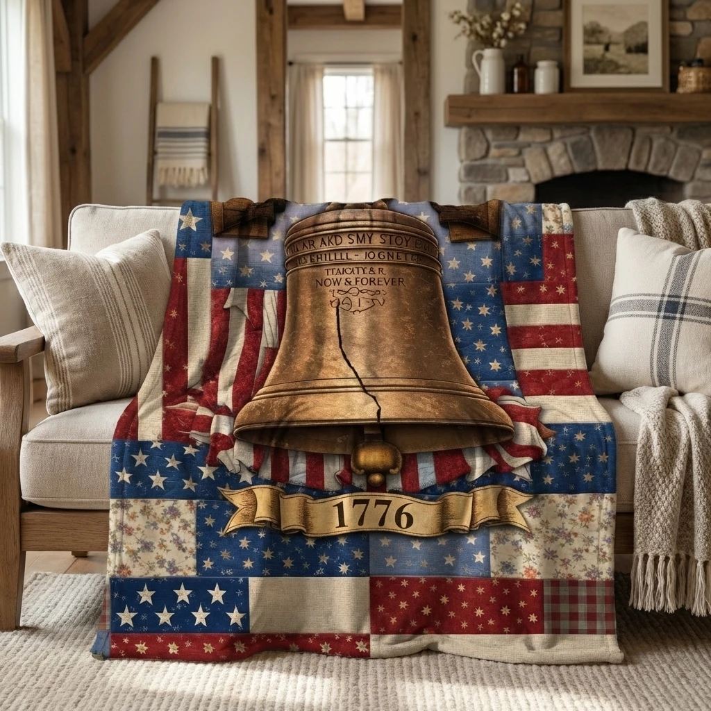 1PC Independence Day Liberty Bell & Quilted American Flag Thick Flannel Blanket, Soft Warm Portable,Great Gift for Boys Girls
