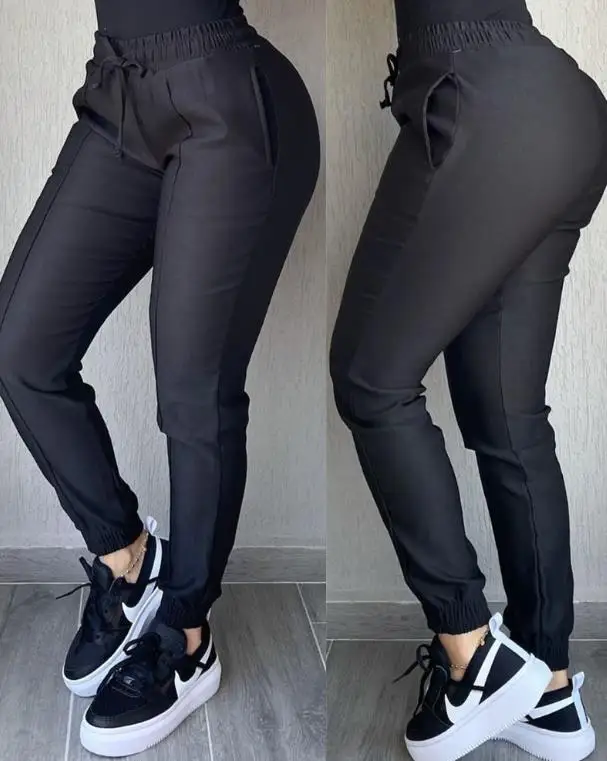 Pants for Women 2022 Casual Daily Pocket Detail Drawstring High Waist Slim Skinny Cuffed Pants New Black Women Clothing