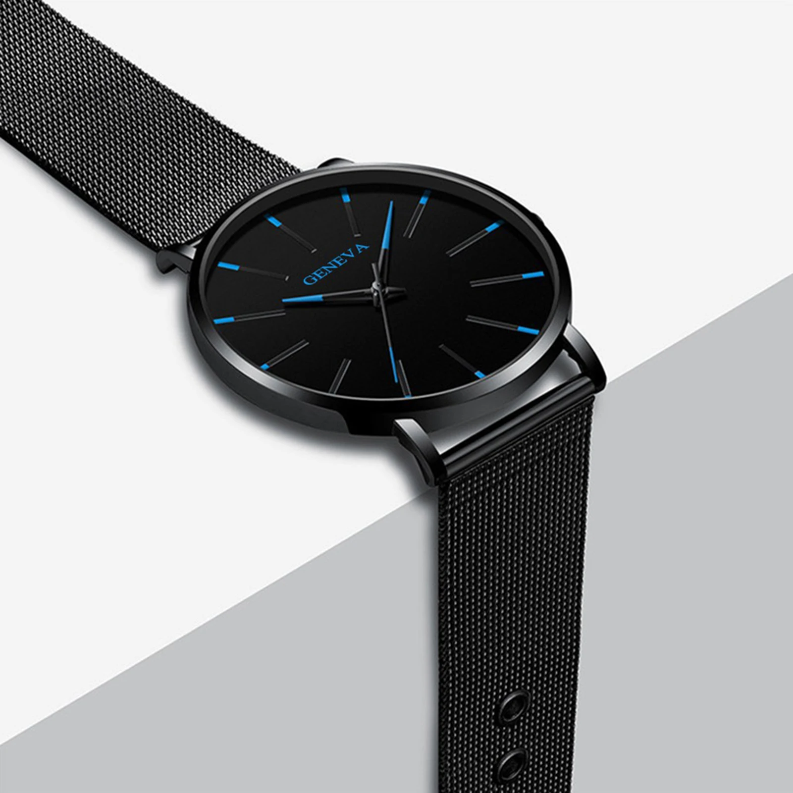 ساعة جنيف بسيطة للرجال بمينا دائري كبير وحزام شبكي مقاوم للماء كاجوال كوارتز #5