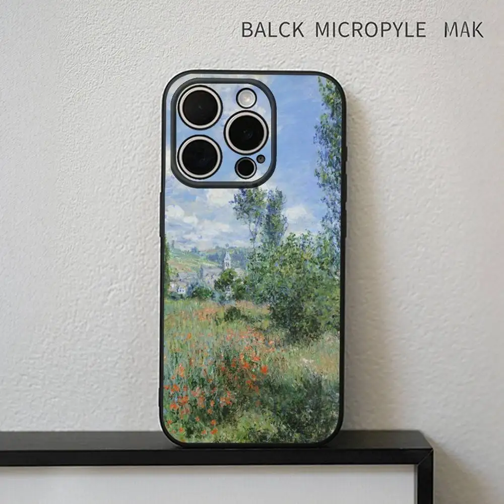 C-Claude Monet Garden Paint Phone Case para iPhone17,16,15,14,13,12,11 Plus,Pro Max Soft Black Cover
