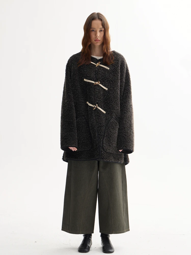 

Экологичное пальто Furifuri из меха и кожи с круглым вырезом, свободного кроя, средней длины, повседневное, с длинными рукавами, женская верхняя одежда