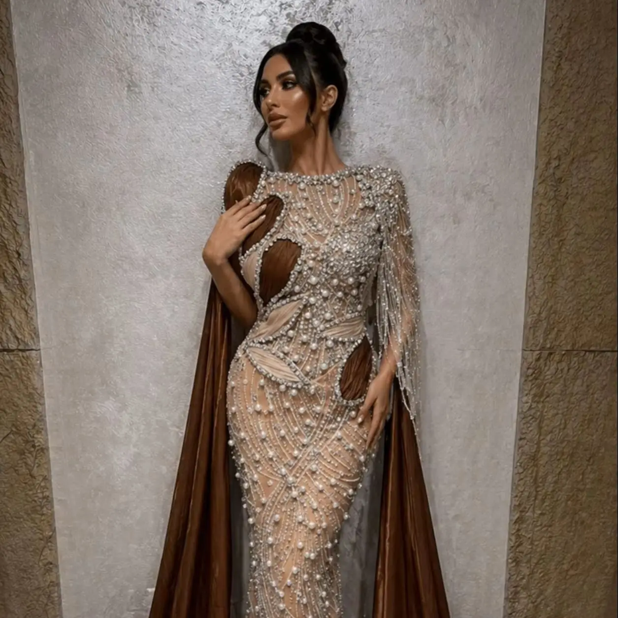 

Long Cape Sleeve Prom Dresses 2026 Customized Arabic Women's Formal Evening Gown Pearls Bride Wedding Reception Party Dress Robe