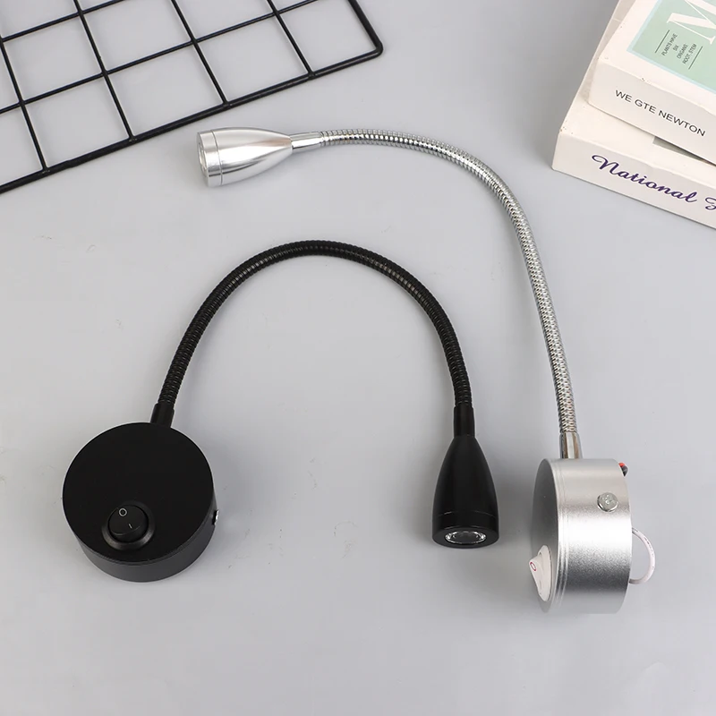 Luz LED de lectura de 1W, lámpara de pared de cuello de cisne negro y plateado para cabecera de cama, escritorio, interruptor de mesita de noche, 6000K