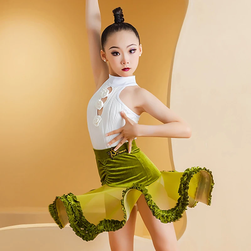 Kids Girls Sleeveless Practice Outfit Latin Dance Performance Suits Dancewear Competition Bodysuit Ruffles Big Swing Skirts