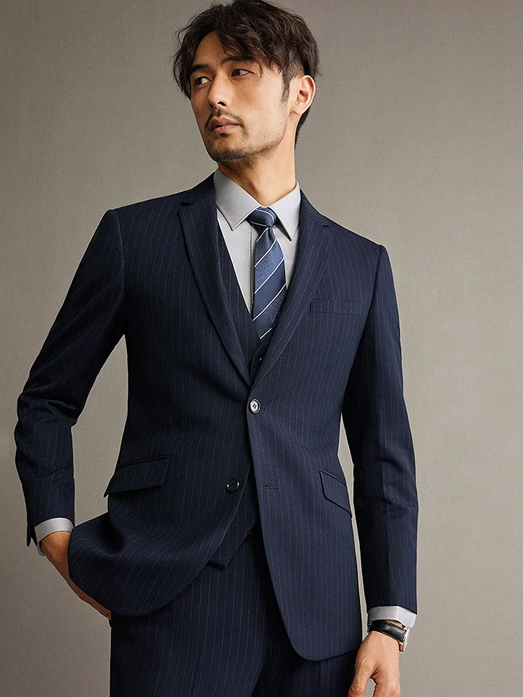 

Men Suit Black Deep Blue Stripe Slim Fit Wedding Groom Wear Leisure Style Blazer Vest Pant Businessman Daily Clothing 58