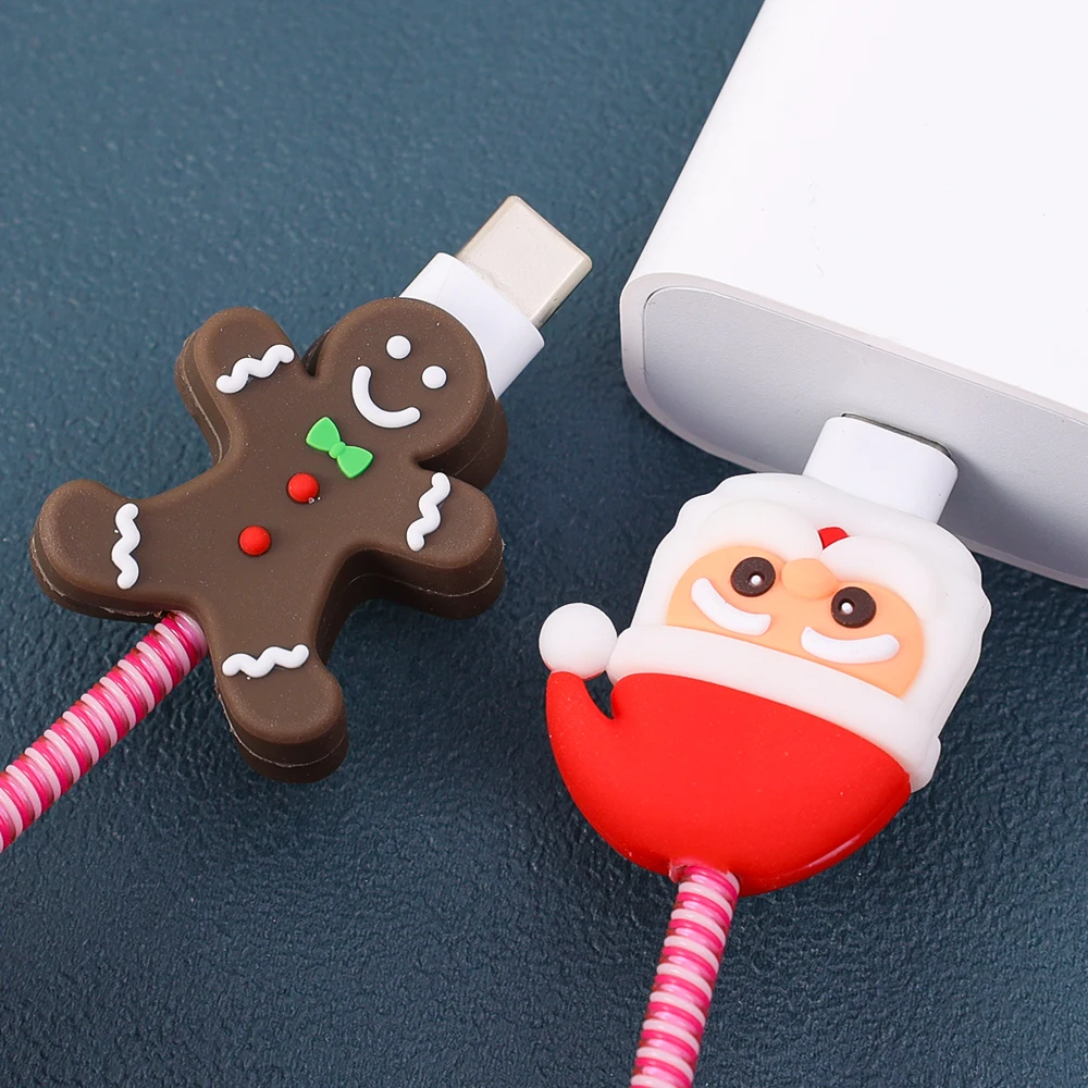 Cartoon Christmas USB Cable Saver Wire Cord Protector dla iPhone Xiaomi Samsung Huawei Charger Wire Miękki silikonowy pokrowiec